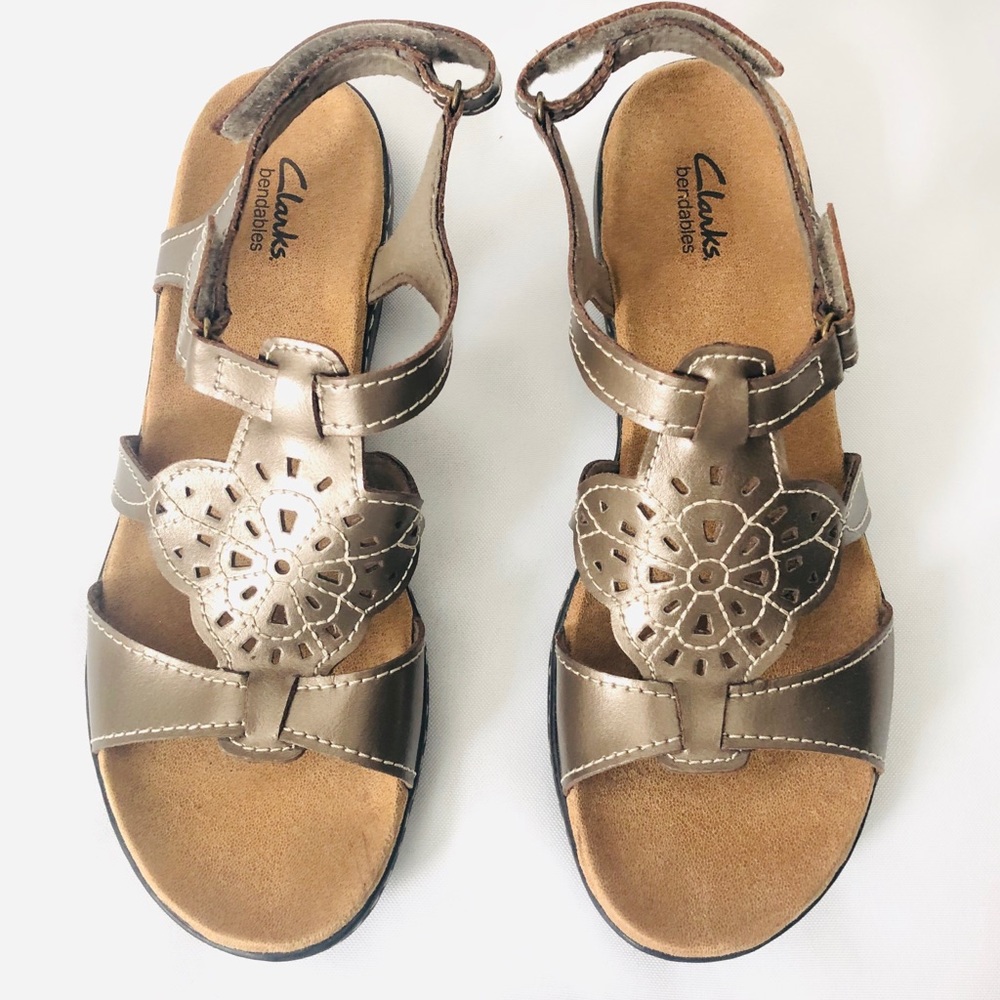CLARKS Bronzed Leather Flower Stitch Sandals